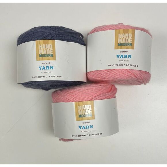 Hand Made Other - Hand Made Modern Worsted Yarn Mineral and Pink Lemonade lot of 3 Med. 100% Acr